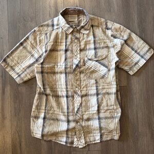 Y2K Mecca Beige & Blue Plaid Short Sleeve Vintage Button-Up Shirt Medium Mens